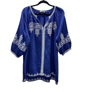 Soft Surroundings Royal Blue Embroidered Boho Tunic Peasant Top 1X Plus